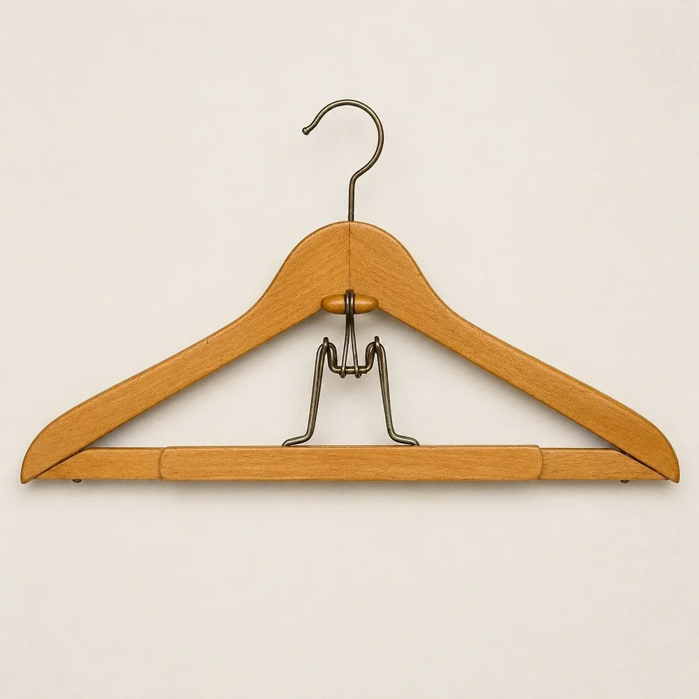 Vintage Wooden Suit Hanger with Spring Tension Trouser Bar Honey Brown Wood